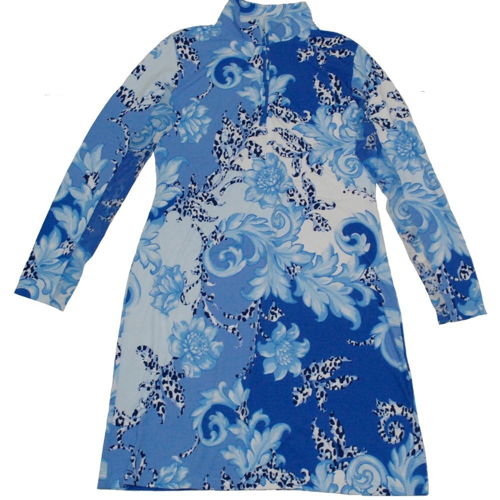 NWT Gottex Lifestyle Women's Blue Venetian Scroll Long Sleeve Dress Small S